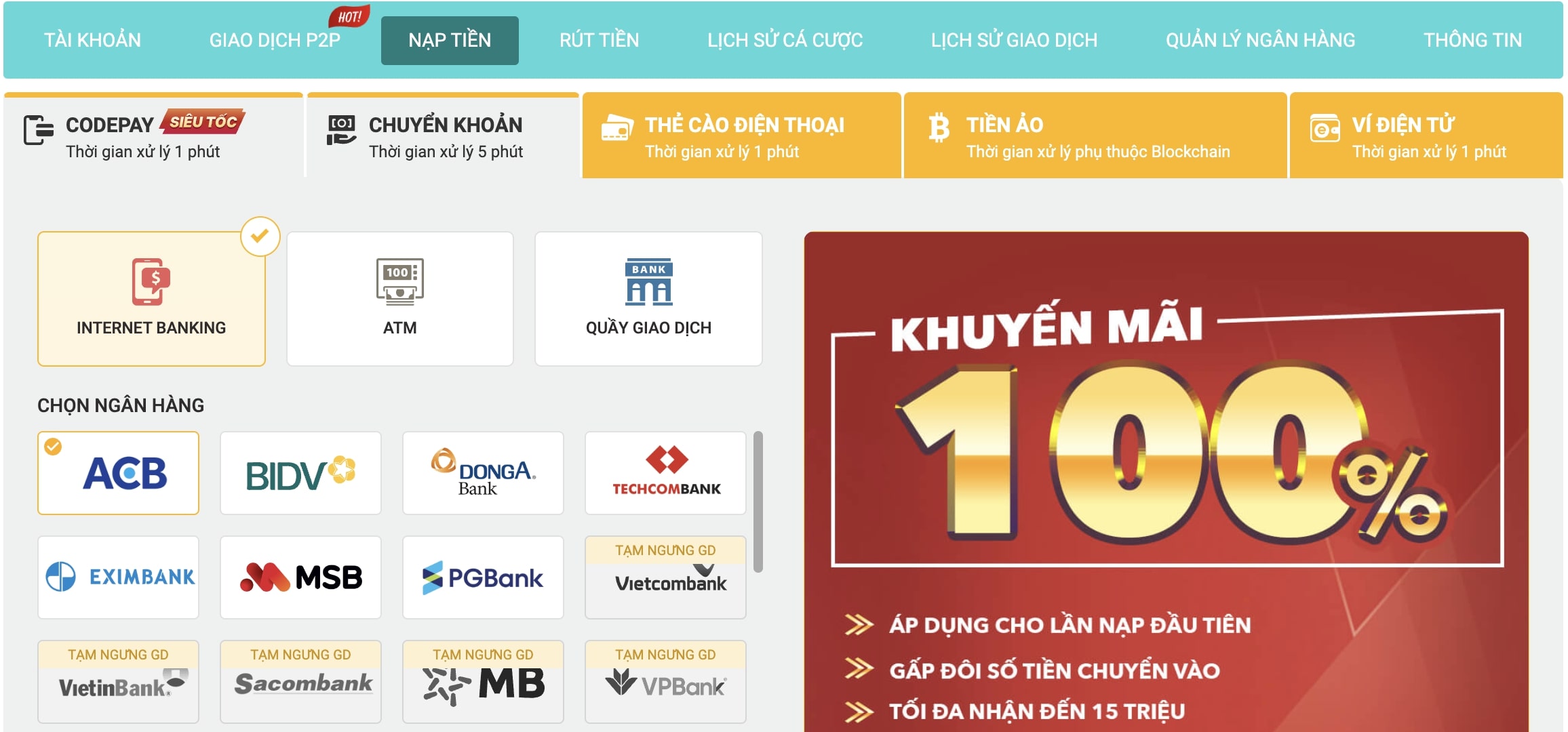 nạp chuyển khoản vào Five88